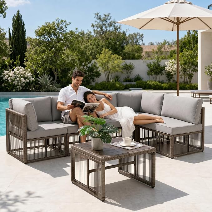 7 Piece Outdoor Patio Furniture Set, Wicker Sectional Sofa,Thick Cushions, All Weather Rattan Conversation Sets with Arm Chairs and Coffee Table for Backyard, Porch, Balcony, Deck, Garden