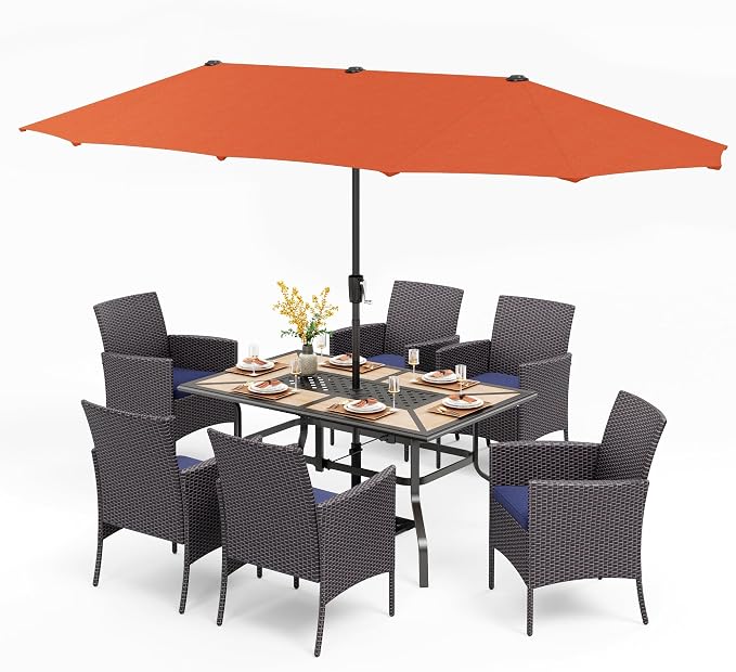 PHI VILLA 7pc Patio Dining Set w/Umbrella, Wood-top Table, Rattan Chairs | Outdoor Dining Set for 6, Metal Dining Table & 6 Cushioned Rattan Chairs with Red Umbrella for Outdoor, Deck, Yard, Porch