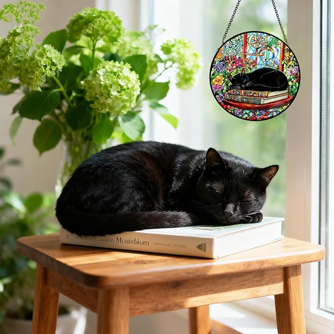 Cat Stained Glass Suncatcher Window, Hanging Sun Catchers Indoor Window, Suncatcher for Nana/Mom/Women (Black Cat)
