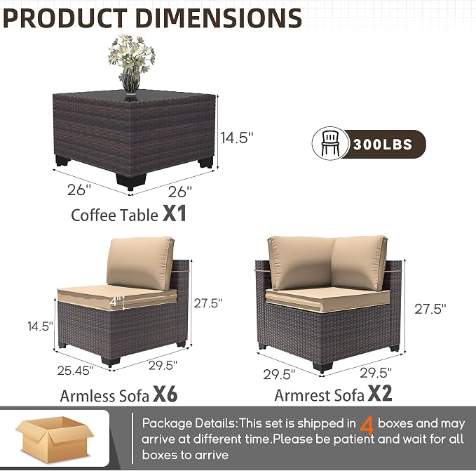 Patio Furniture Set 9 Pieces Outdoor Sectional Sofa Set,All Weather Wicker Patio Sofa PE Rattan Patio Conversation Set w/Cushions and Glass Coffee Table,Sand