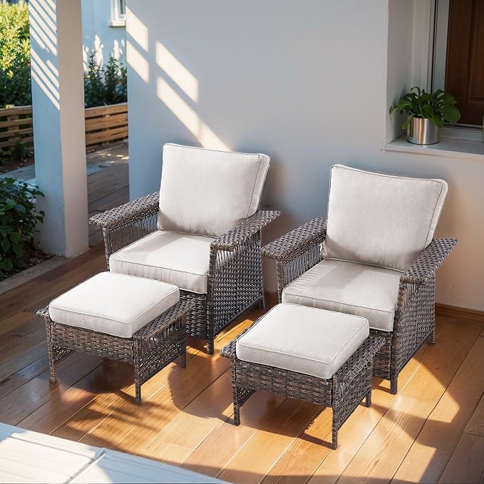 Patio Furniture Set 2 Wicker Patio Chairs with 2 PE Rattan Ottomans Brown Wicker Beige Cushions Patio Conversation Set 4pcs for Garden Balcony Sunroom Backyard Poolside