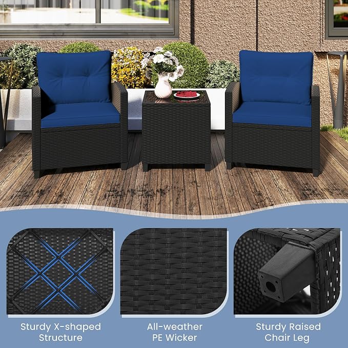 ORALNER 3 Pieces Patio Furniture Set, Wicker Conversation Set Outdoor Chairs with Cushions, Glass Coffee Table, Rattan Bistro Set for Front Porch Balcony Garden Deck Poolside (Navy)