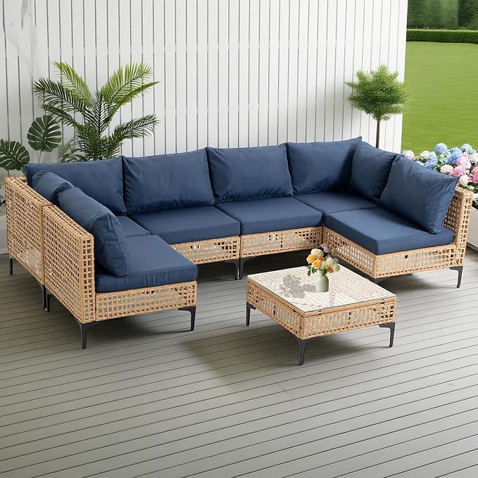 7-Piece Patio Furniture Set, All Weather Wicker Outdoor Sectional Conversation Sofa w/Thick Cushions & Glass Table for Lawn Poolside Backyard Porch, Blue