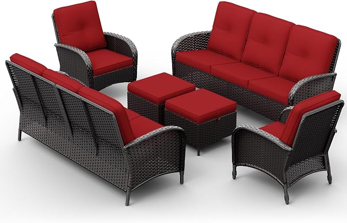 Joyside Wicker Patio Furniture Set, 6 Piece Outdoor Furniture Set with Thickened Cushions, High Back, Deep Seating, Wide Armrest, Rattan Outdoor Chairs for Porch, Deck