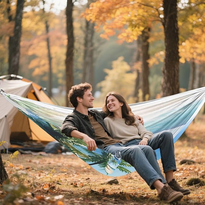 Beach Palm Trees Camping Hammock, Portable Lightweight Single Hammock with Tree Straps and Aluminum Carabiners, 114" x 54" Travel Hammock for Hiking Backpacking Beach