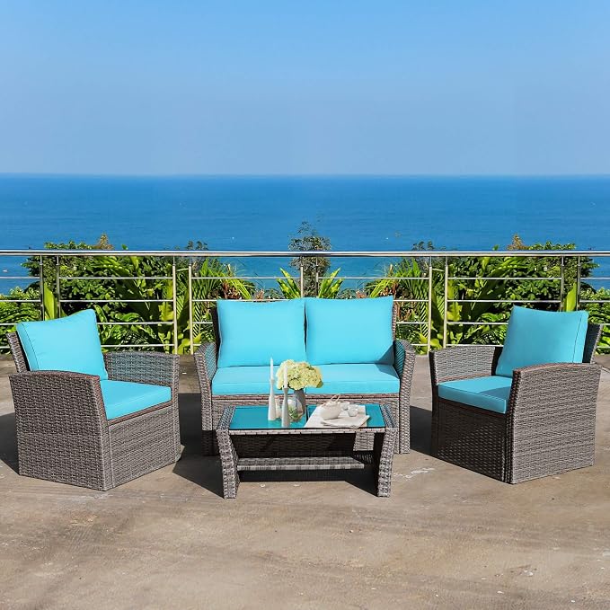 Tangkula 4 Pieces Patio Furniture Set, All Weather Outdoor Sectional Rattan Sofa Set with Cushions & Tempered Glass Table, Wicker Conversation Couch Set for Backyard Garden Poolside (Turquoise)