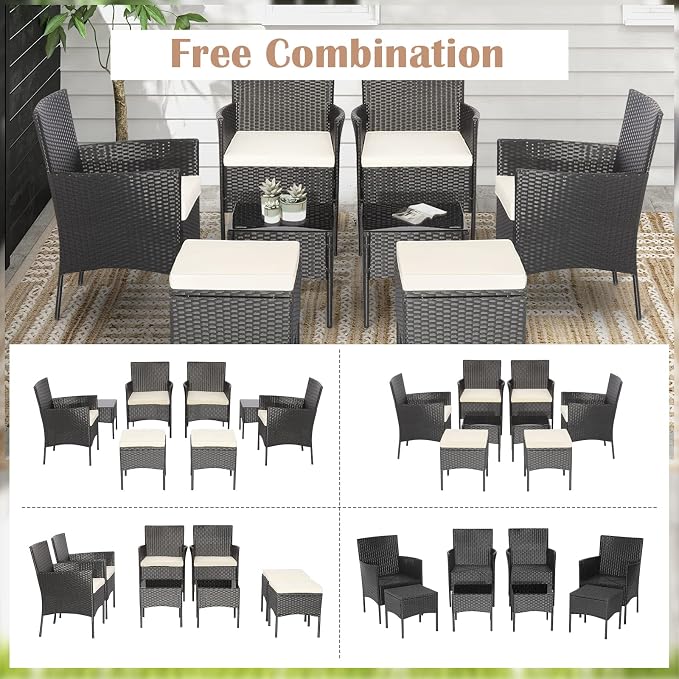 Tangkula 8 Piece Wicker Sofa Set, Patiojoy Outdoor Rattan Sofa Set w/2 Coffee Tables & 2 Ottomans, Rustproof Metal Frame, Soft Seat Cushions, Patio Wicker Conversation Set for Backyard, Poolside