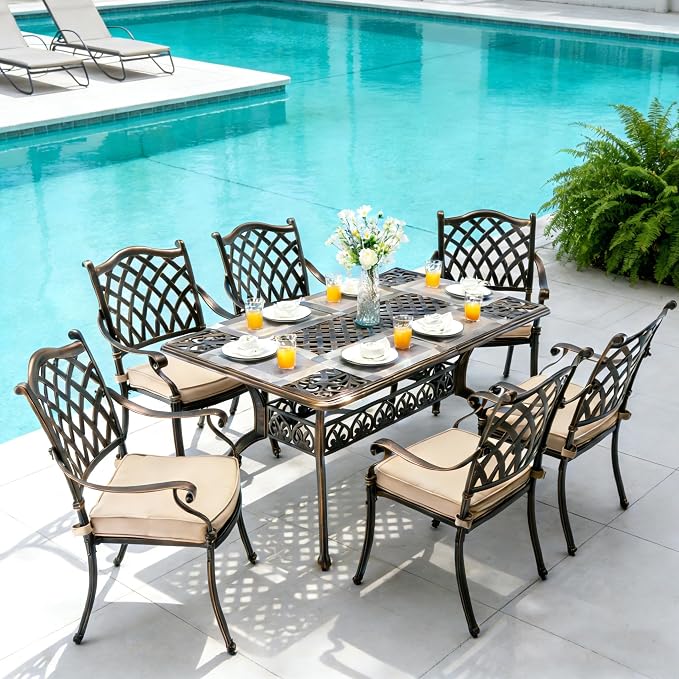 7 Piece Outdoor Dining Set Cast Aluminum, Retro Patio Dining Set for 6 Includes 59” Rectangular Table with Thicker Cushions and Umbrella Hole for Patio Deck Garden