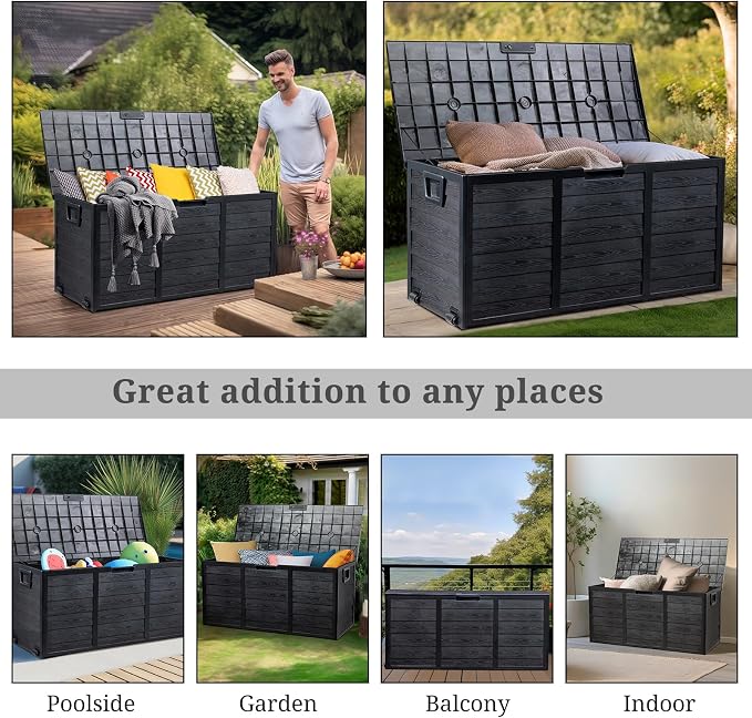 Outvita 75 Gallon Deck Storage Box, Durable Storage Container Bin Store Patio Cushions, Yard Stools Outdoor Patio Garden (All Black)