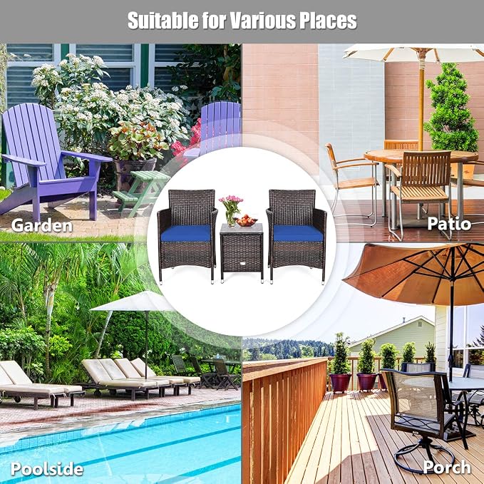 DORTALA Wicker Patio Furniture Set 3 Piece, Small Outdoor Table & Chairs Set with Cushions, All-Weather Rattan Conversation Bistro Set for Balcony, Porch, Backyard, Deck, Navy