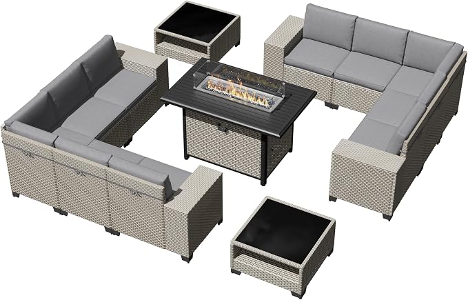 13-Piece Outdoor Patio Furniture Set with Fire Pit, Modular Sectional Sofa Set with Glass Coffee Table and Cushions, Wicker Outdoor Couch Conversation Sets, Gray