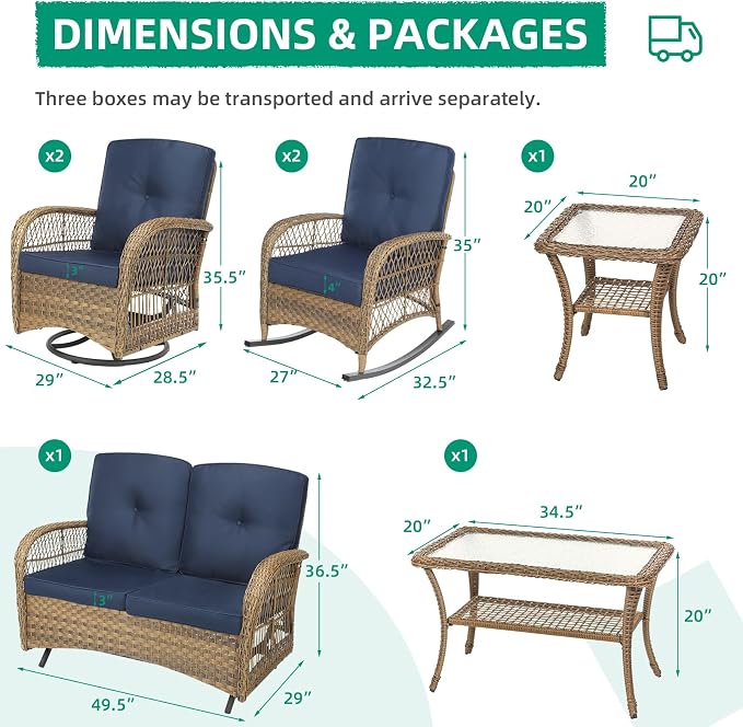 VIVIJASON 7-Piece Outdoor Patio Wicker Conversation Sets, All Weather Outdoor Rattan Furniture Set Includes Glider Loveseat, 2 Rocking Chairs, 2 Swivel-Gliders Chairs, 2 Coffee Table, Navy Blue