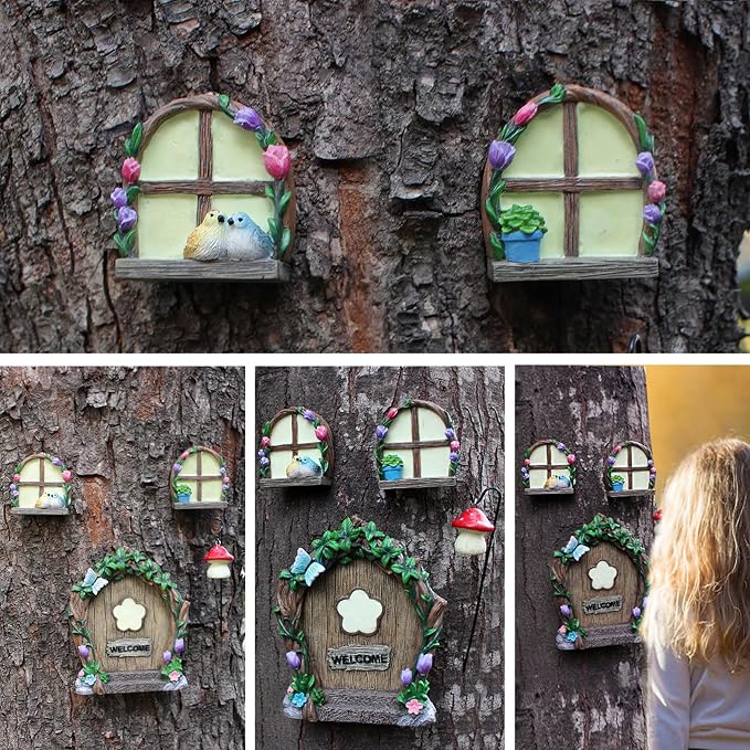 Fairy Door and Windows Garden Kit Accessories Outdoor, Glow in Dark Gnome House for Tree, Lawn Yard Art Sculpture, Miniature Garden Decor (Butterfly)
