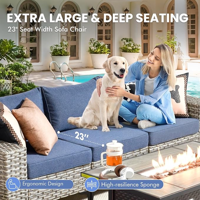 8 Pcs Patio Outdoor Furniture Set - All Weather Wicker Outdoor Sectional Sofa Couch with Swivel Rocking Chairs and Coffee Table,Patio Modular Rattan Conversation Set for Garden Deck Yard,Denim Blue