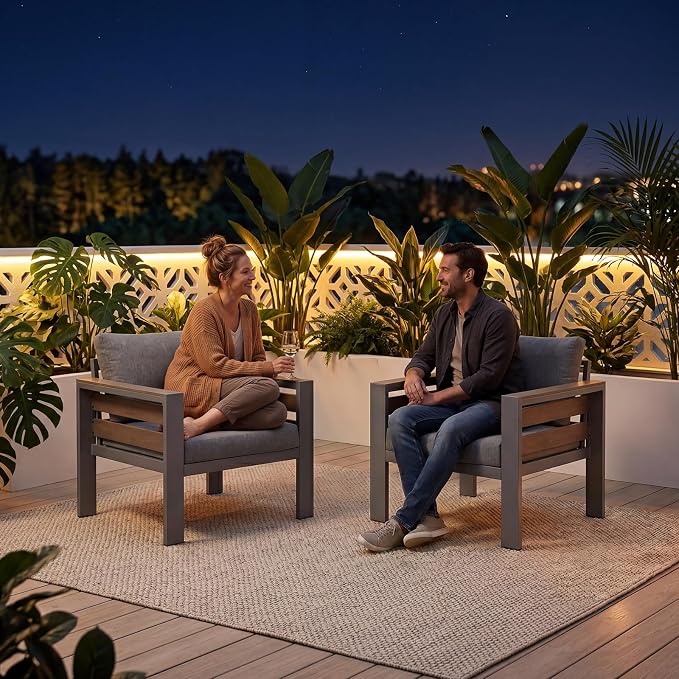 SUNYRISY Aluminum Outdoor Patio Furniture Armchair Set, 2 Piece All-Weather Outdoor Patio Sofa Seat with Thick Olefin Cushion for Porch, Deck, Backyard, Lawn, Pool