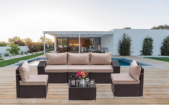 Kullavik Outdoor Patio Furniture Set 6 Pieces Sectional Rattan Sofa Set Brown PE Rattan Wicker Patio Conversation Set with 5 Seat Cushions and 1 Tempered Glass Table,Sand