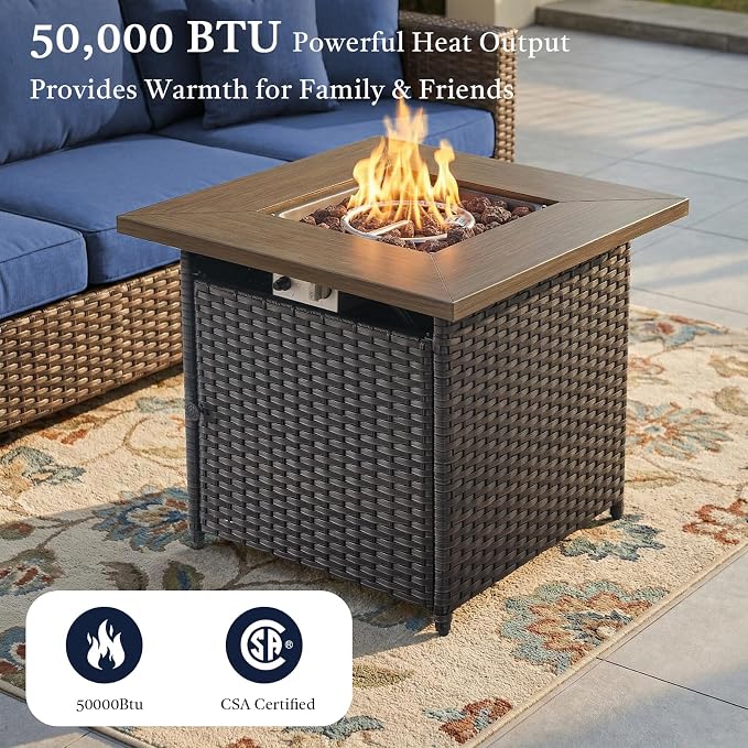 Wicker Patio Furniture Set- 4 Pieces Outdoor Swivel Rocker Chairs with 50,000 BTU Fire Pit Table,PE Rattan Outdoor Conversation Set for Garden Porch Deck