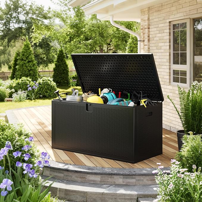 IDEALHOUSE 150 Gallon Resin Deck Box, Waterproof Outdoor Storage Box with Lockable Lid & UV Resistant, Patio Furniture Cushion Storage Container for Garden, Backyard, Poolside (Black)