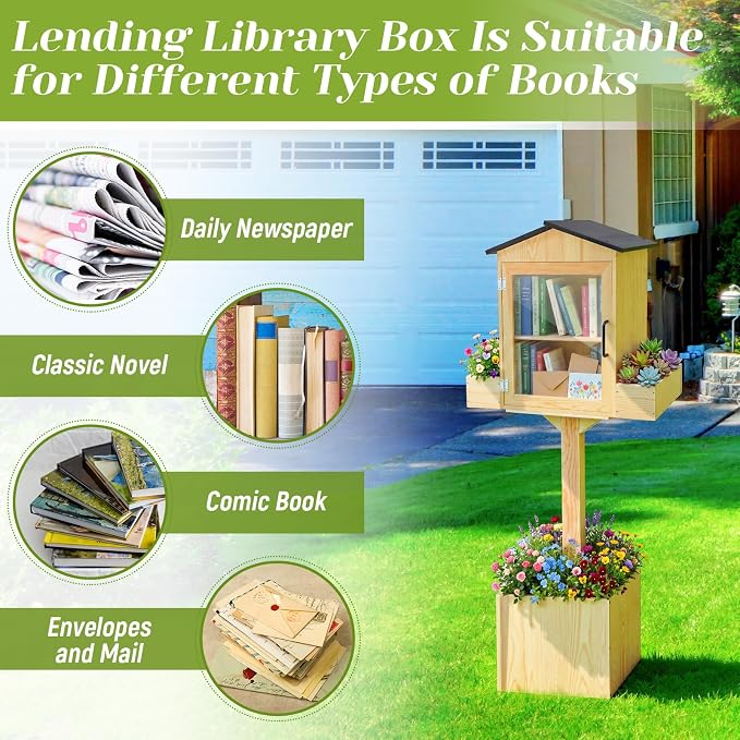Wonderjune Little Library Box Outdoor Weatherproof Free Library Box Storage with Floor Plugs and Small Flower Fence for Diy, Neighborhoods, Community, Schools Sharing Books, Newspapers