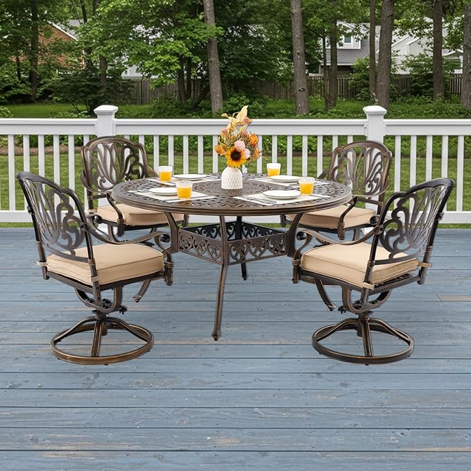 5-Pcs Cast Aluminum Patio Dining Set with 4 Swivel Chairs,Bronze | Outdoor Furniture Set Include 54" Round Dining Table and 4 Swivel Chairs with Cushions & Umbrella Hole