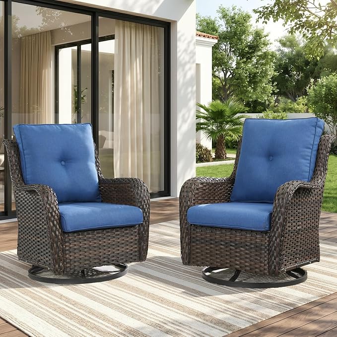Rilyson Luxury Outdoor Wicker Glider Rocker Chairs for 4 Person, Outdoor Furniture Sets with 2 Piece Wicker Swivel Rocker Chairs, Rattan Glider Rocker Chairs with Table for 2 Seats Brown/Blue