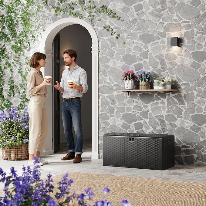 99 Gallon Large Outdoor Storage Box - Waterproof Resin Deck Box with Lockable Lid & Gas Struts, All-Weather Patio Storage Bench for Cushions, Pool Toys, Garden Tools, Rattan Texture, Black