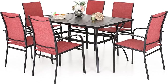 MIXPATIO Patio Table and Chairs Set, Patio Dining Sets for 6 with Red Chairs and Metal Rectangular Table, 7-Piece Patio Furniture Set for Deck Backyard Poolside