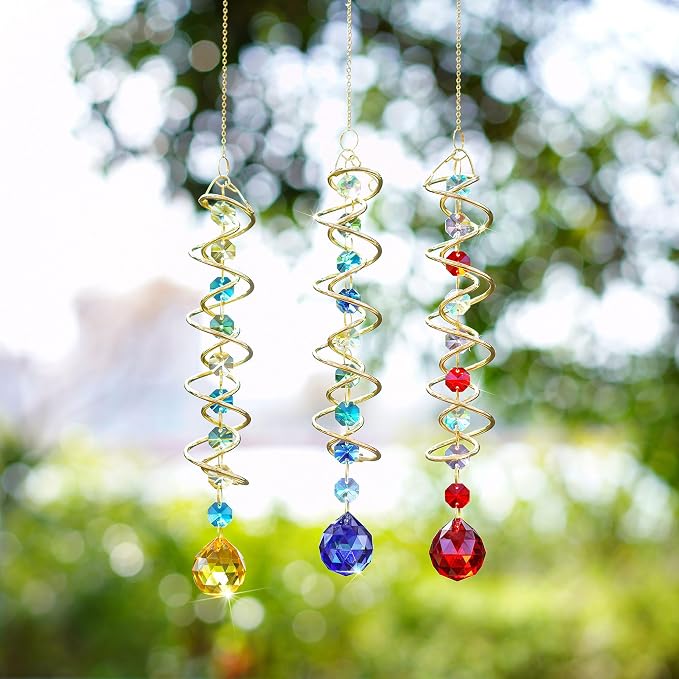 20.5in Crystal Gazing Ball Wind Spinner Suncatcher Garden Decor | Crystal Gazing Ball Wind Spinner Spiral Tail Octagonal Beads Sun Catcher Hanging for Garden Patio Yard Wedding Decor