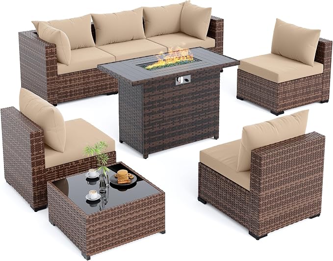 Amopatio 8 Pieces Patio Furniture Set with Fire Pit Table, Outdoor Sectional Conversation Sofa, All-Weather Wicker for Garden, Backyard, Porch, Balcony(Khaki)