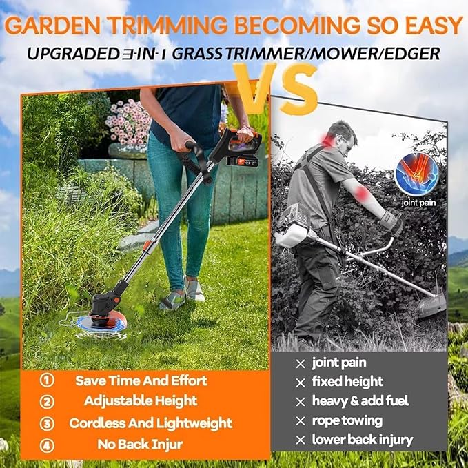 Weed Wacker Battery Powered - Electric Weed Trimmer with 2X 21V Lithium Battery 3 in 1 Stringless Lightweight Grass Cutter/Weed Trimmer/Grass Edger.Suitable for Gardens, patios,and lawns. (NEW Black)