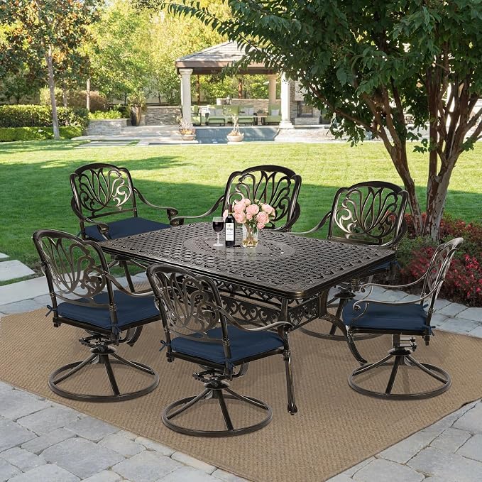 MEETWARM 7-Piece Outdoor Patio Dining Set, All-Weather Cast Aluminum Patio Conversation Set for Backyard Garden Deck with 6 Cushioned Swivel Rocker Chairs, 1 Rectangular Table, Navy Blue
