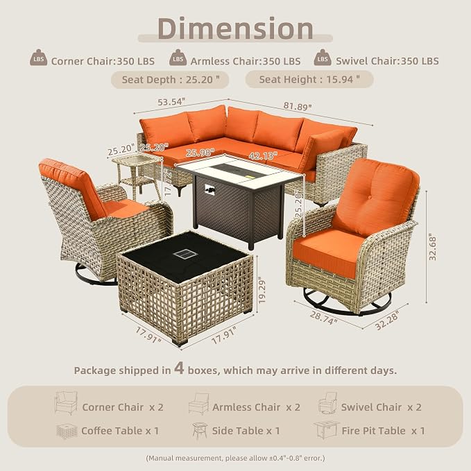 CAODOC 9-Piece Outdoor Sectional Sofa Set w/ 42" Fire Pit – L-Shaped Wicker Patio Furniture, Deep Seating & Swivel Rockers,Red-Striped