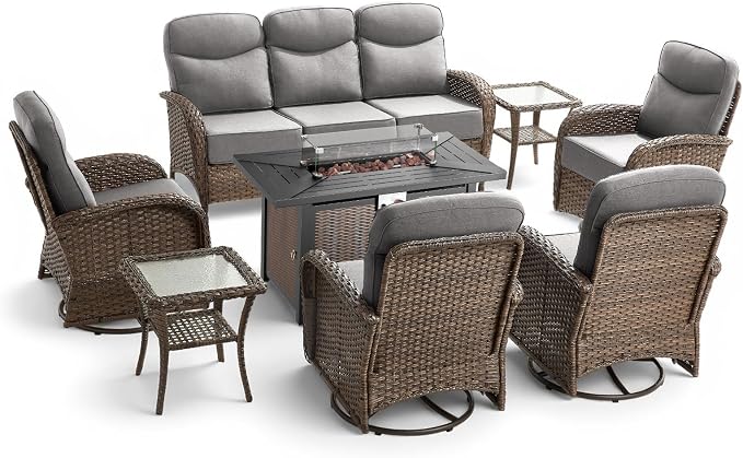 8 Pieces Luxury Patio Furniture Set with 42.5" Fire Pit Table, 6-Inch Thick Cushions Wicker Outdoor Furniture with Outdoor Rocking Chairs Set of 4, Outdoor Patio Conversation Set for Deck, Gray