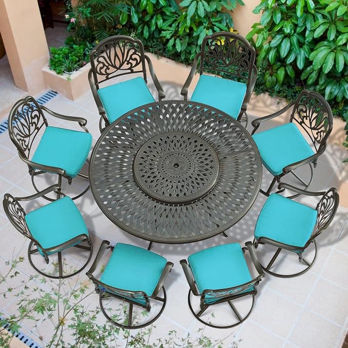 VIVIJASON 9-Piece Patio Dining Set, Rust-Free Cast Aluminum Outdoor Conversation Set, Includes 8 Swivel Dining Chairs & 61" Round Dining Table with 31" Lazy Susan, Ocean Blue