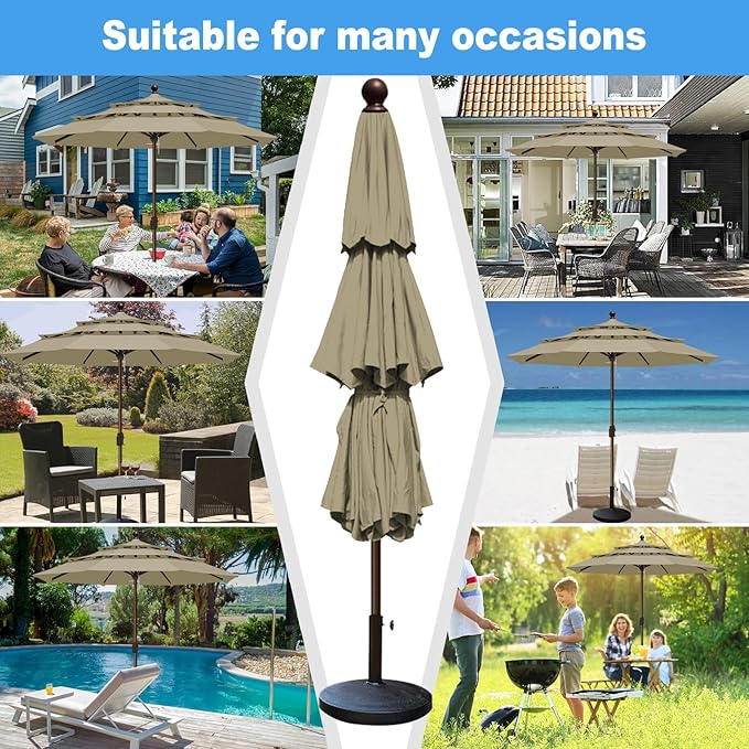 Eurmax USA 10-Year-Non-Fading 10FT 3-Tier Outdoor Patio Market Umbrella,UPF50+ UV Resistant,Heavy Duty Commercial Grade,Crank Lift Design,Windproof Vented Top for Garden,Pool,Deck,Mushroom