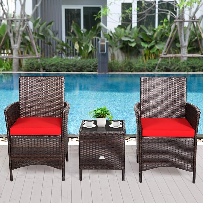 COSTWAY 3 Pieces Patio Rattan Furniture Set, Outdoor Wicker Cushioned Sofa with Tempered Glass Tabletop, Rattan Conversation Set for Porch Yard Balcony Backyard Pool, Red