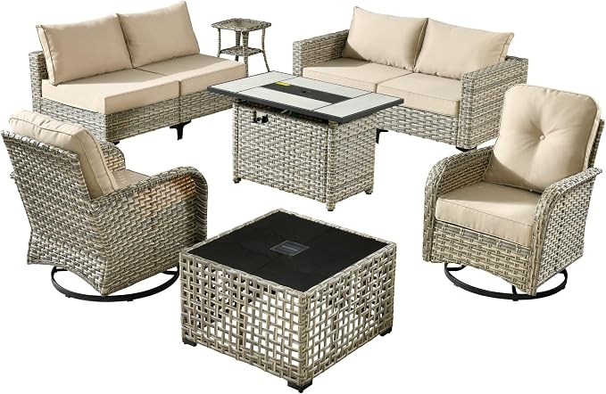 Outdoor Patio Furniture Sets,9 PCS Patio Conversation Set Outside Rattan Sectional Sofa with 42 in Square Fire Pit Table Wicker Rocking Chair Coffee Table Fit Backyard Garden Poolside Balcony