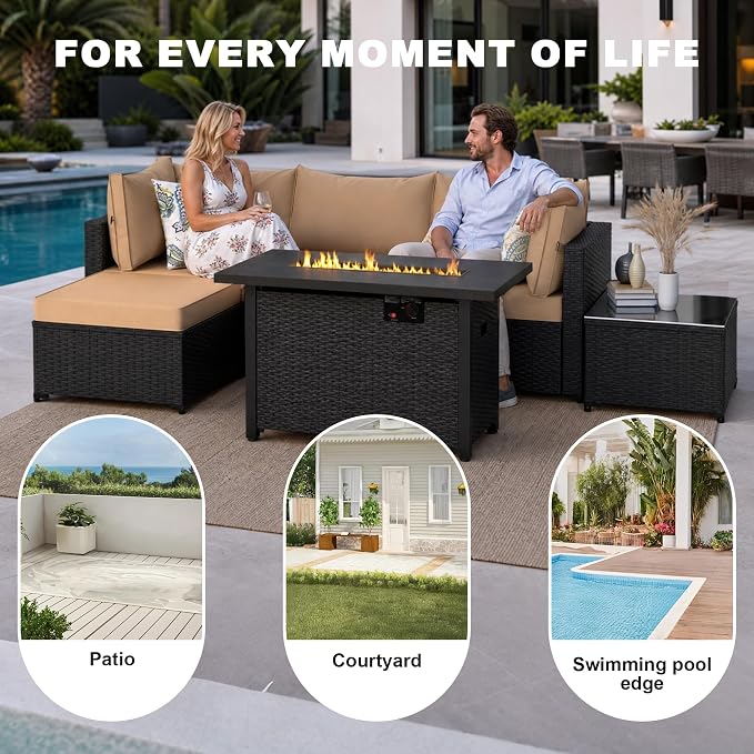 5 Piece Patio Furniture Sets, Outdoor Patio Set Sectional Sofa, All-Weather PE Rattan Couch with Cushion, Glass Table for Gatherings, Parties, Sports Viewing (Khaki, 6-Piece Fire Pit Table Set)