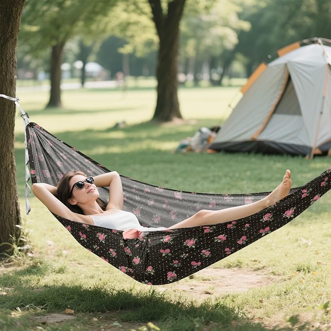 Camping Hammock Outdoor Hammocks for Outside Rose Dots Floral Black Beach Trees Portable Lightweight with Pockets Tree Straps Indoor