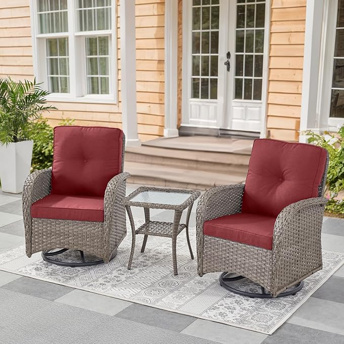 Belord 5 Piece Swivel Rocker Glider Outdoor Chairs Set of 2 with Ottoman and Glass Side Table Patio Bistro Furniture Set, Comfort High Back Wicker Patio Conversation Set for Deck Porch Sunroom