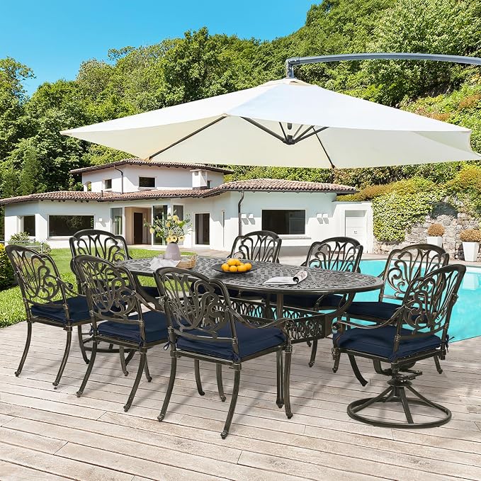 9-Piece Patio Dining Set, Outdoor Patio Table and Chair Set of 84” Oval Cast Aluminum Dining Table with Umbrella Hole, 6 Stationary, 2 Swivel Rocker Chairs, Patio Funiture Set, Navy