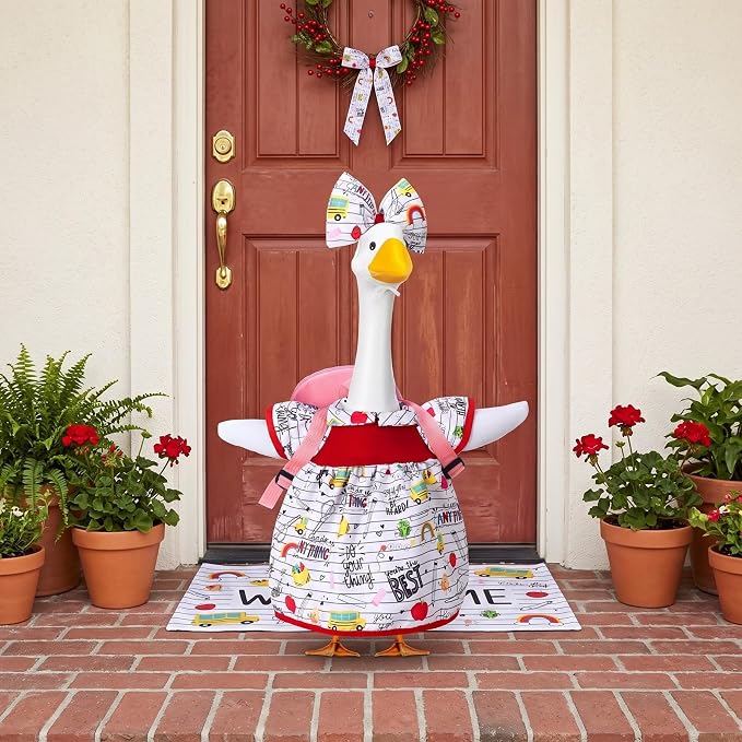 Abbylike Back to School Porch Goose Outfit Fit 23 Inch Lawn Statue Student Goose Skirt with Pink School Bag and Bow Headband for Garden Classroom Patio Lawn Yard Outdoor Garden Decoration