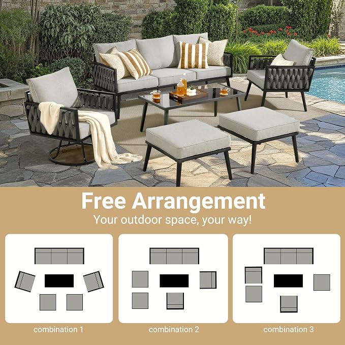 Weaxty Modern Patio Furniture Set 6 Piece, Rope Outdoor Patio Conversation Sets Sectional Sofa Swivel Chairs Table Ottoman, All Weather Metal Balcony Furniture for Backyard Garden, Grey
