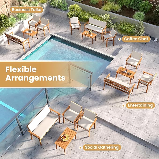 Tangkula 8 Pieces Wood Patio Furniture Set, Outdoor Acacia Wood Cuhioned Conversation Set with Coffee Table, for Backyard,Porch,Garden,Lawn