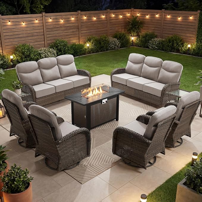 Outdoor Swivel Rocking Chair Patio Set (9pcs) High-Back - Thick Cushion Swivel Rocking Chair Patio with Fire Table Set, All-Weather Wicker Patio Furniture Set, Suitable for Balcony Patios, Brown/Beige