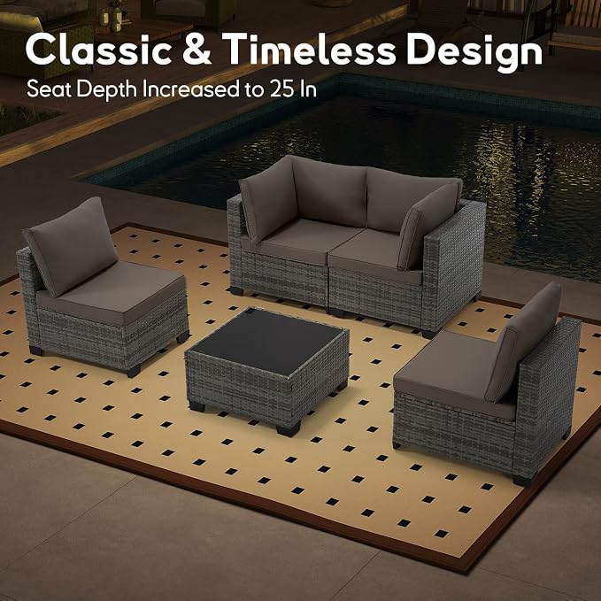 Bonzy Home 5 Pieces Outdoor Patio Furniture Set, PE Rattan Outdoor Sectional Furniture Sofa Set with Removable Cover and Glass Coffee Table, Patio Sofa for Balcony, Porch, Garden, (Grey-Khaki)