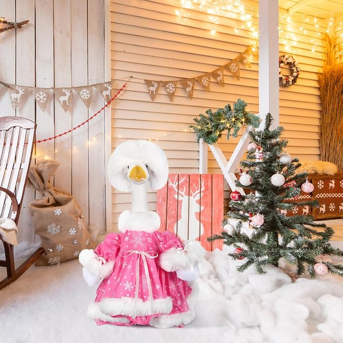 Suzile Pink Christmas Porch Goose Outfit Clothes for 23" High Cement or Plastic Goose Costume for Yard Lawn Outdoor Garden Patio Geese Statue Dresses Winter Xmas Santa Holiday Decor