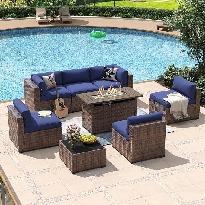 Aoxun 8-Piece Outdoor Patio Furniture Set - 44” Fire Pit Table, Durable Wicker Rattan Sectional Sofa with Coffee Table, Comfy Thickened Cushions, Blue