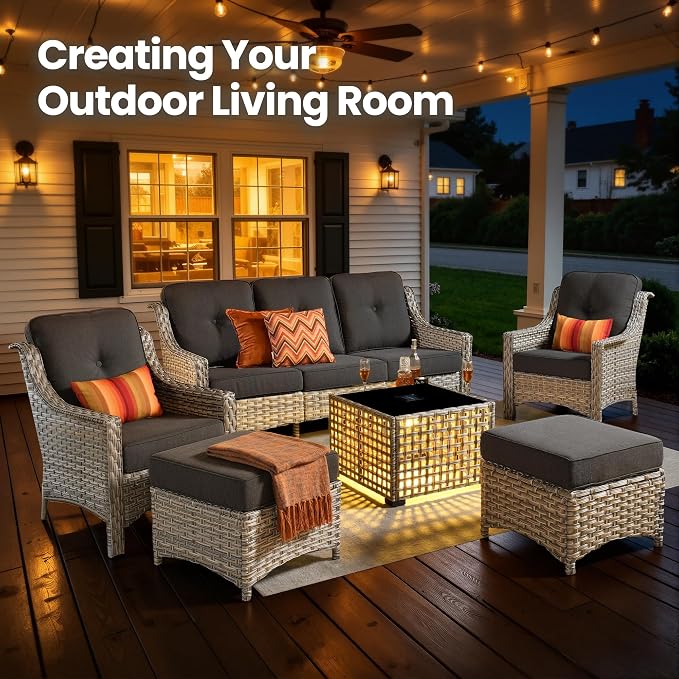 6 Piece Patio Furniture Set with Solar Lights Coffee Table, Outdoor Wicker High Back Sofa Chairs Ottomans with Cushions, All Weather Conversation Set for Backyard Porch Deck, Black