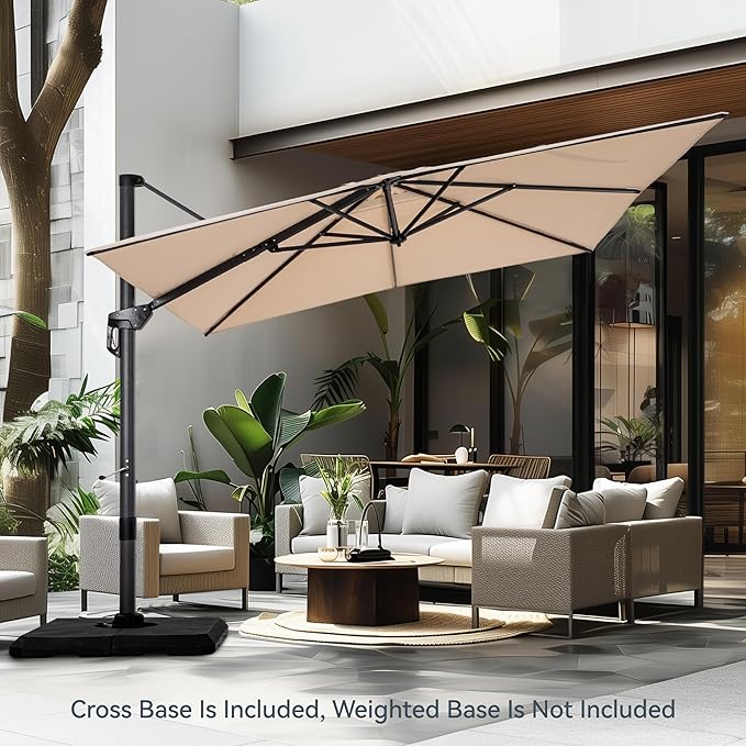 PHI VILLA 9'x 12' Cantilever Patio Umbrella with Crank Handle, 6-Level Tilt & 360° Rotation, Aluminum Square Outdoor Offset Umbrella Windproof & Crashproof for Garden, Deck, Pool (Beige)